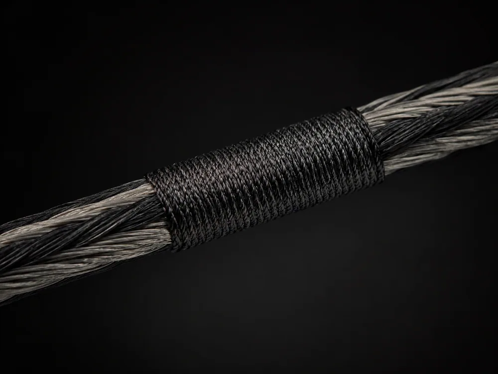 Close-up of the centre serving on a bowstring: fine thread wrapped tightly around the middle of the string's strands, on a dark background.